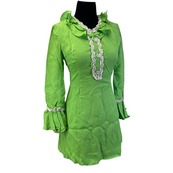 Vintage 1960s Neon Green Mini Dress with Sequin Accents β Tricel 100% Acetate - Picture 1 of 16
